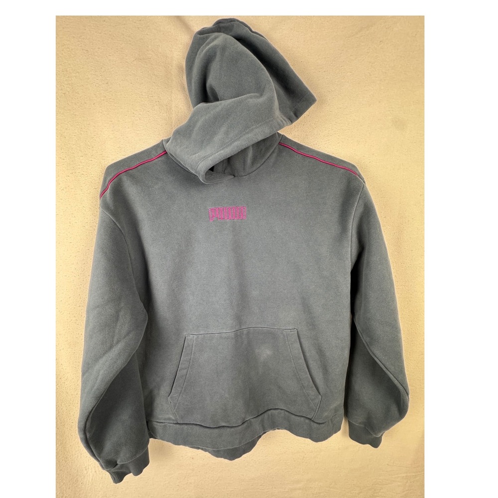 Puma Hoodie‎ Womens Medium Grey Pink Logo Pullover Fleece 669262-02 Piping